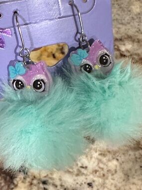 Plush Pom-Pom Owl Dangle Earrings MintNWT